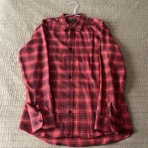 Stitch Note. Long sleeve button up. Colors: red with red and white stitch